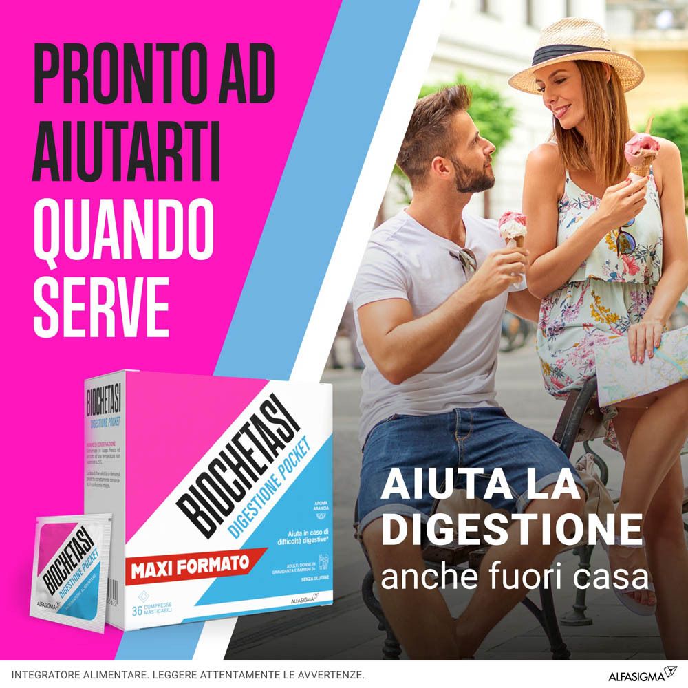 Pubblicità con immagine del prodotto. Testo: Pronto ad aiutarti quando serve. Aiuta la digestione anche fuori casa.