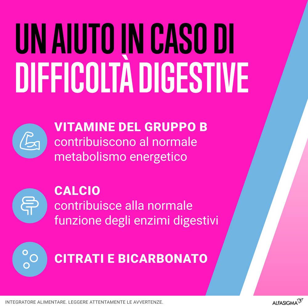 Testo: Un aiuto in caso di difficoltà digestive. Vitamine del gruppo B, Calcio, Citrati e bicarbonato.