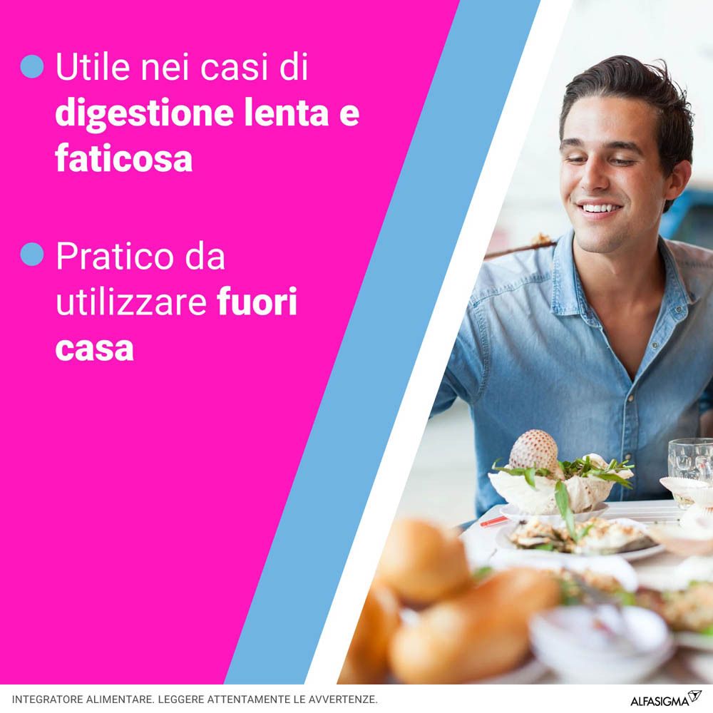 Testo: Utile nei casi di digestione lenta e faticosa. Pratico da utilizzare fuori casa. Uomo sorridente.