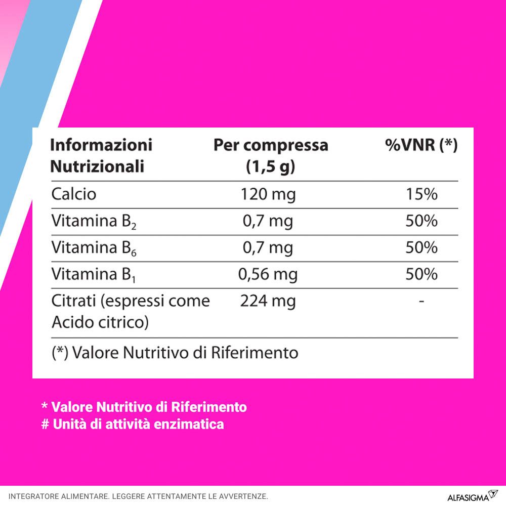 Informazioni nutrizionali per compressa: Calcio, Vitamina B2, B6, B1, Citrati. Valori %VNR.