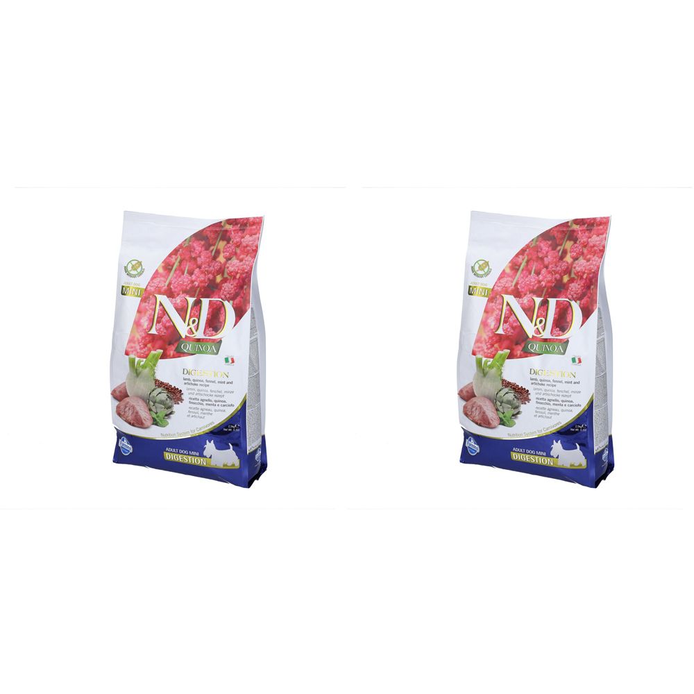 Due sacchi con la scritta "ND Quinoa Digestion". Stampa con immagine di cibo. Sfondo bianco.