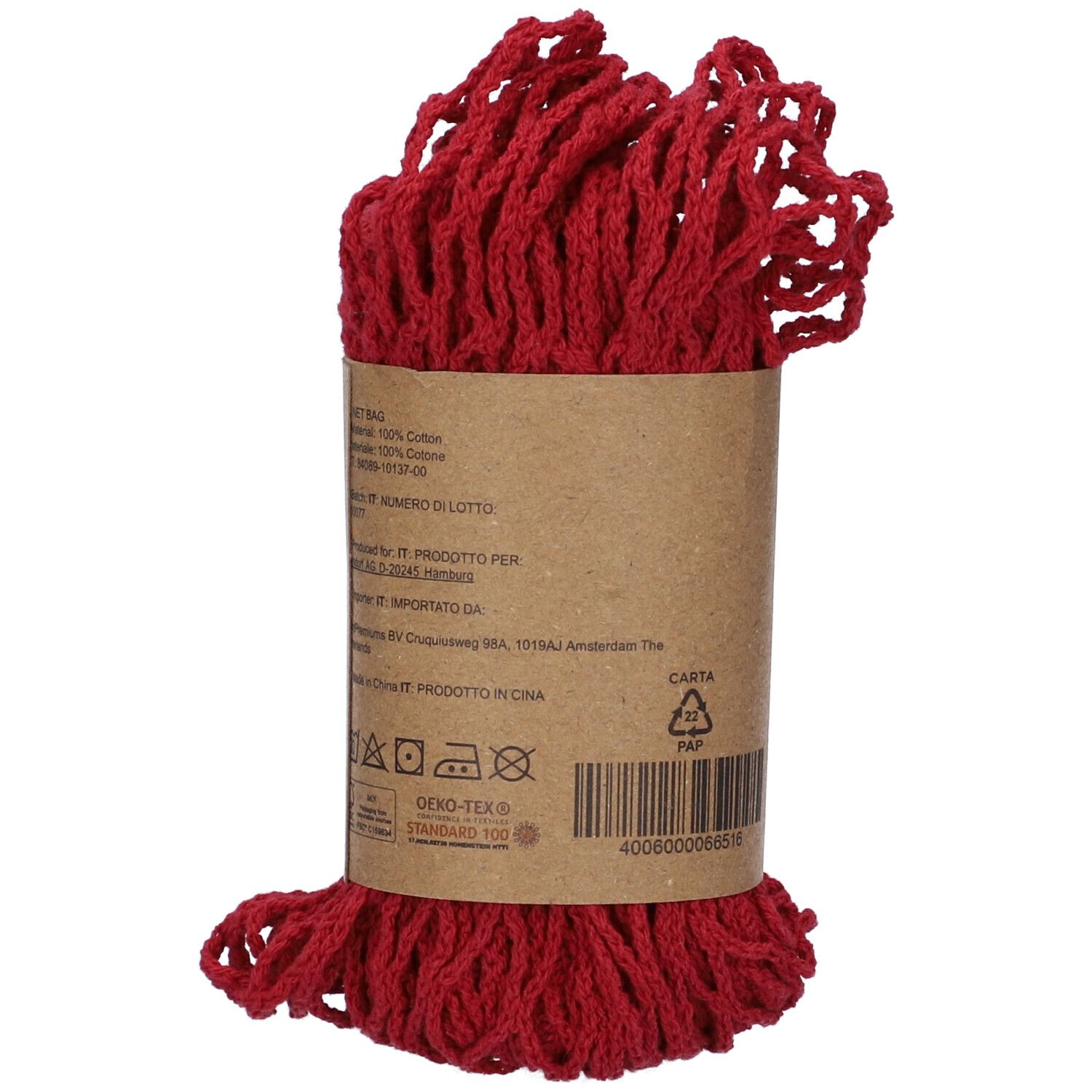 Borsa shopping rossa in tessuto arrotolata con fascia di carta. Testo e codice a barre sulla fascia.