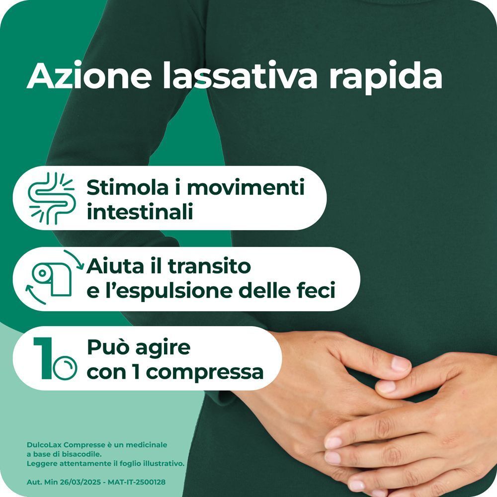 Azione lassativa rapida: stimola l'intestino, aiuta l'espulsione delle feci, agisce con 1 compressa.