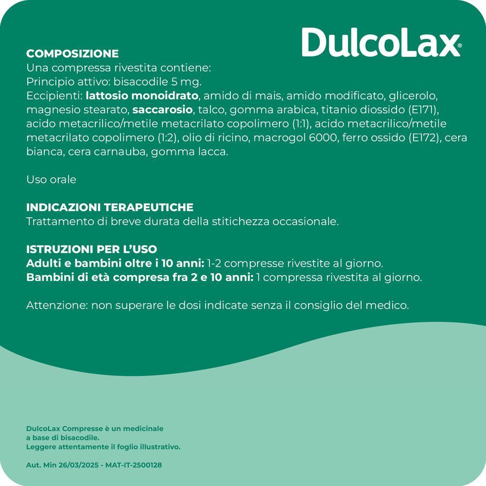 Composizione: 1 compressa contiene 5 mg di bisacodile. Per uso orale.