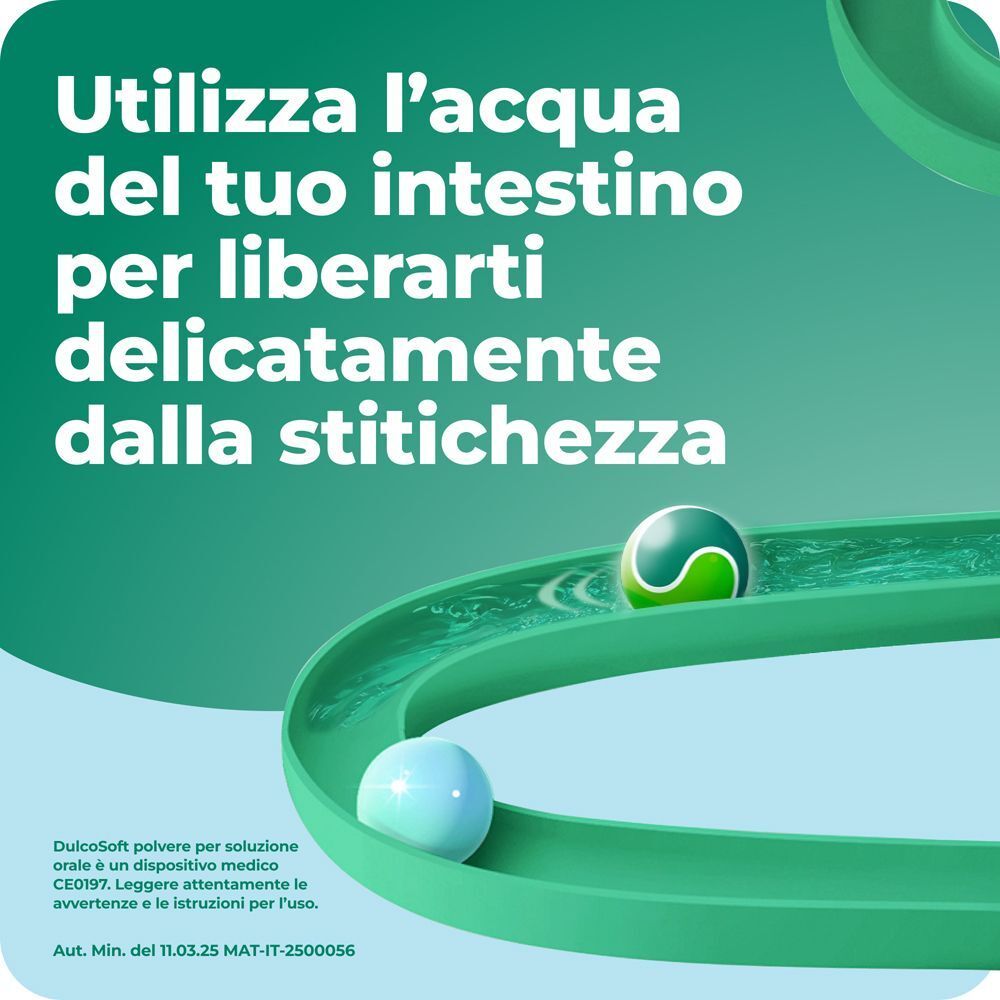 Dulcosoft usa l'acqua dell'intestino per liberare delicatamente dalla stitichezza. Dispositivo medico.