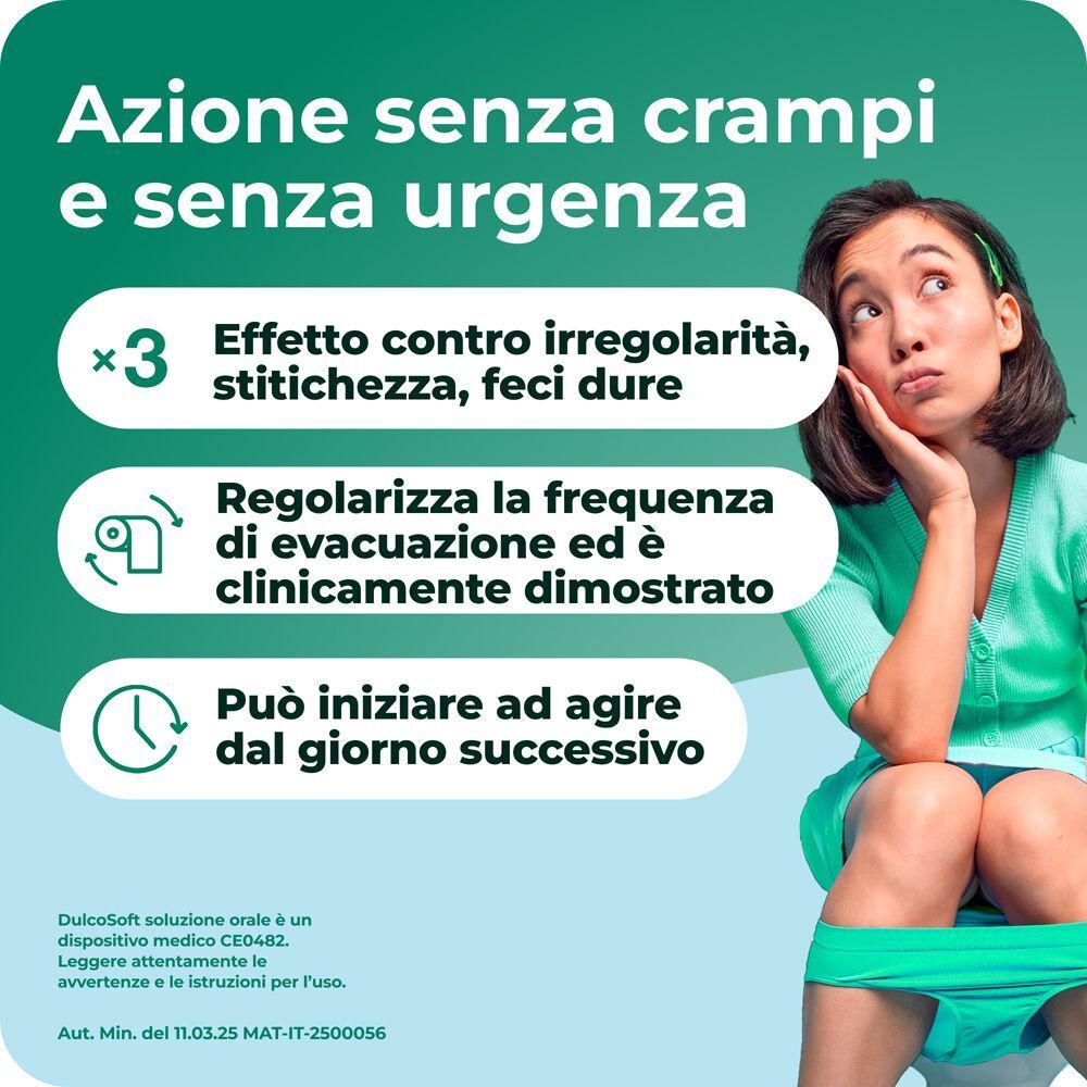 Dulcosoft agisce senza crampi e urgenza contro la stitichezza. Per adulti e bambini.