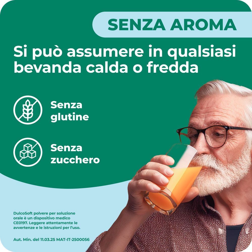 Dulcosoft è senza aroma, senza glutine e senza zucchero. Si assume in bevande calde o fredde.