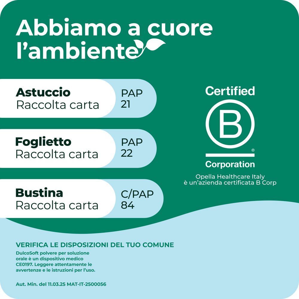 Materiali di imballaggio Dulcosoft riciclabili. Azienda certificata B Corporation.