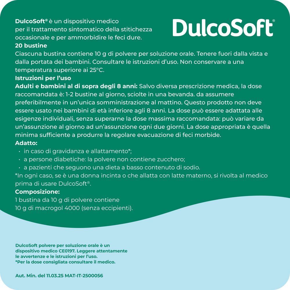 Dulcosoft polvere per soluzione orale, 20 bustine. Macrogol 4000. Dispositivo medico.