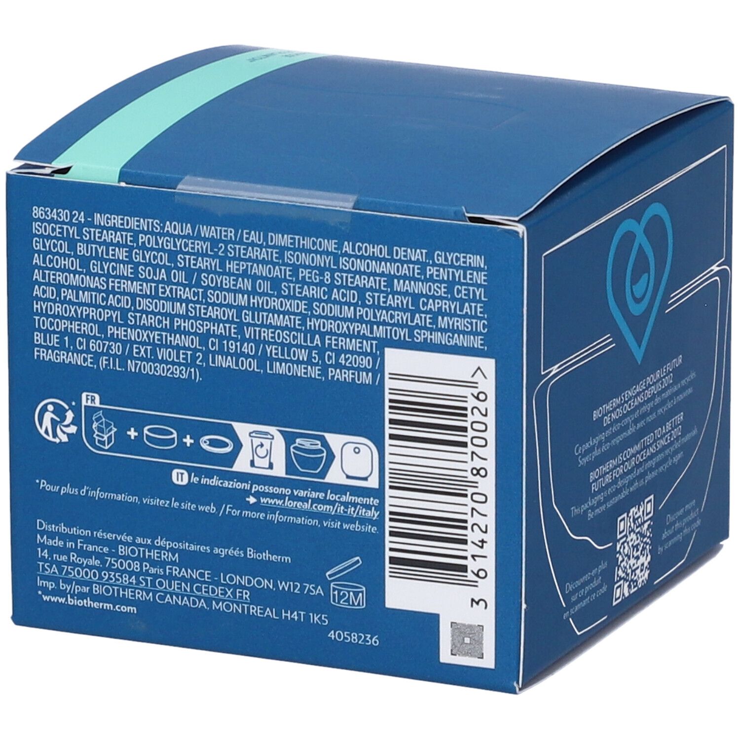 Retro della confezione blu. Ingredienti e istruzioni per l'uso. Codice QR e informazioni del produttore.