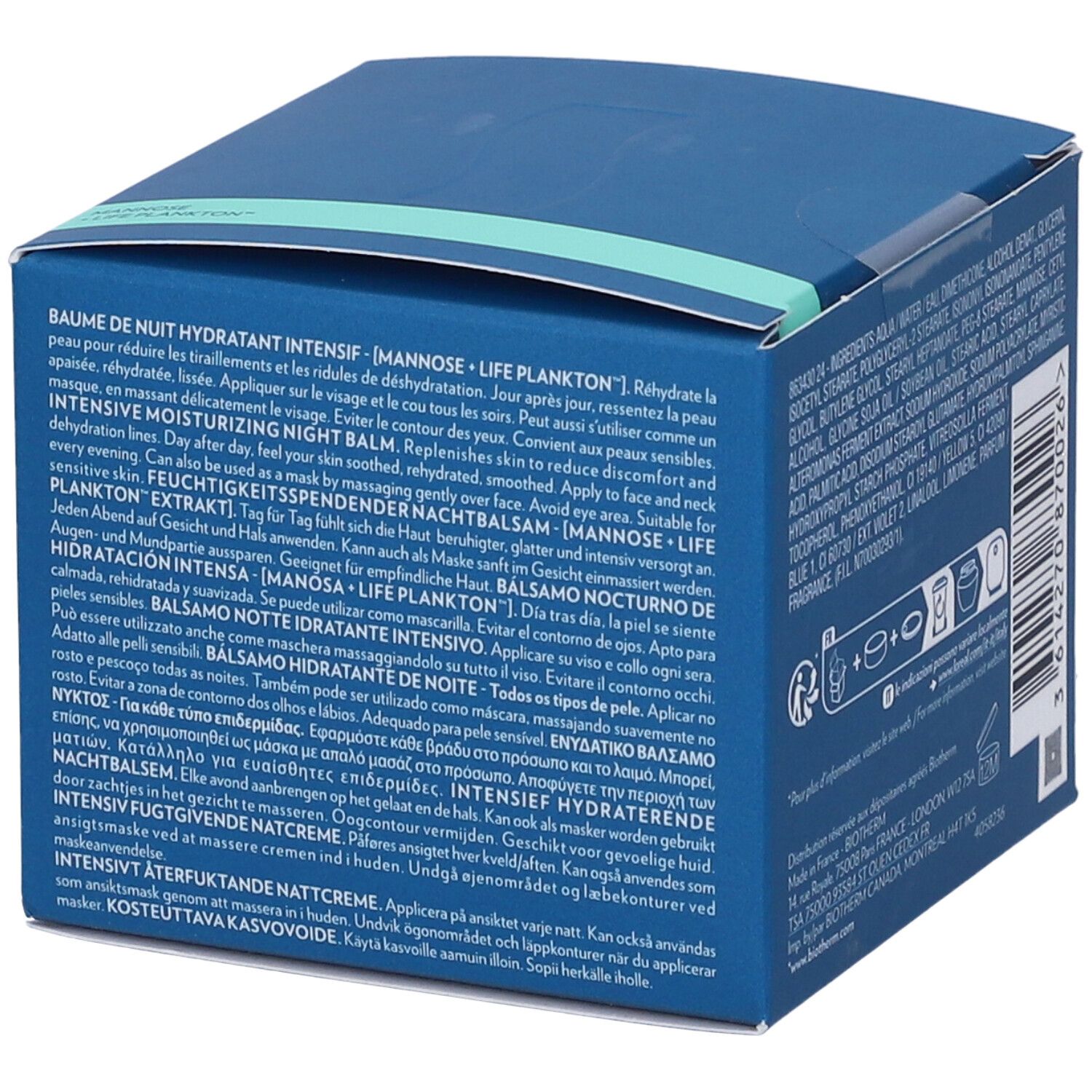 Confezione blu con testo. Descrizione del prodotto in più lingue. Istruzioni e simboli per l'uso.