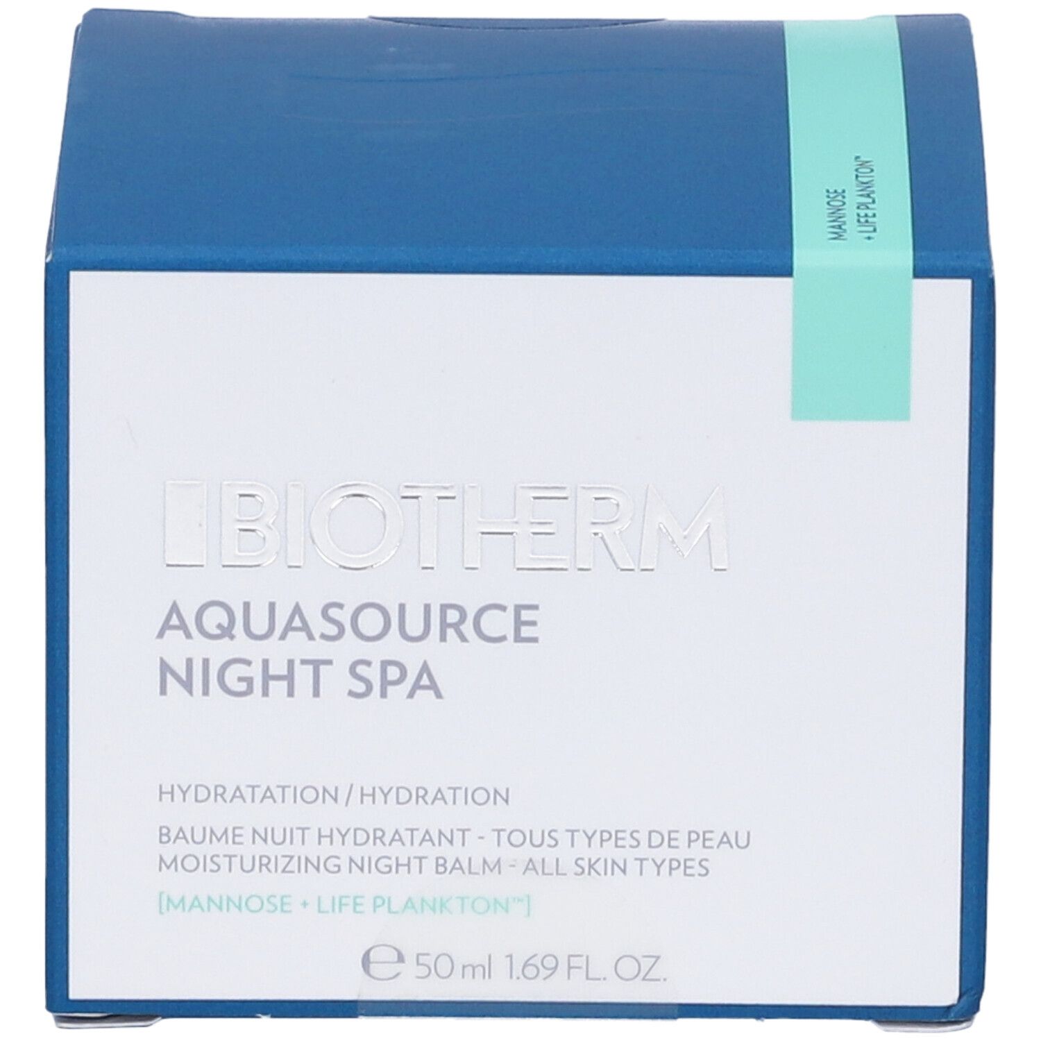 Confezione bianca e blu. Scritta: Biotherm Aquasource Night Spa. Striscia verde. 50 ml.