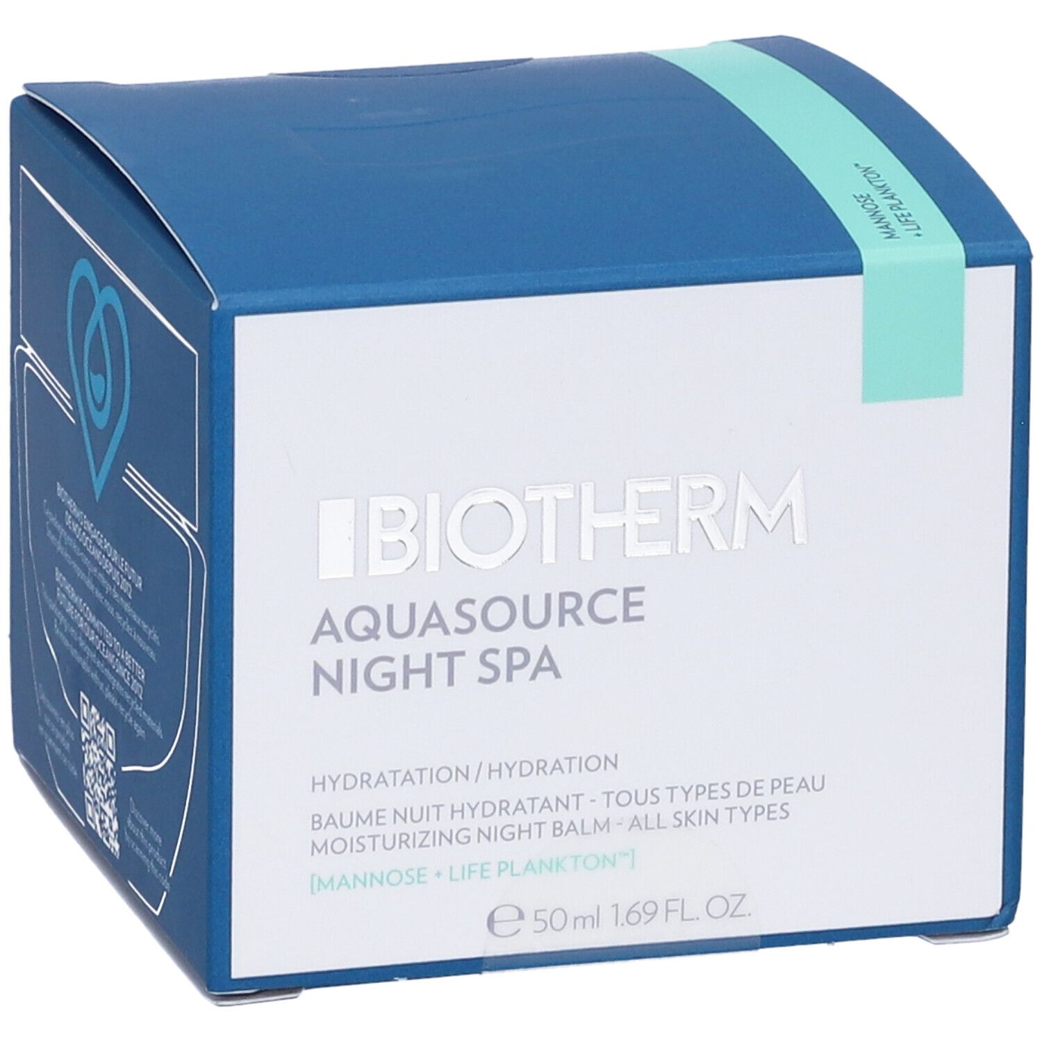 Confezione blu. Scritta: Biotherm Aquasource Night Spa. Striscia verde. 50 ml. Codice QR.