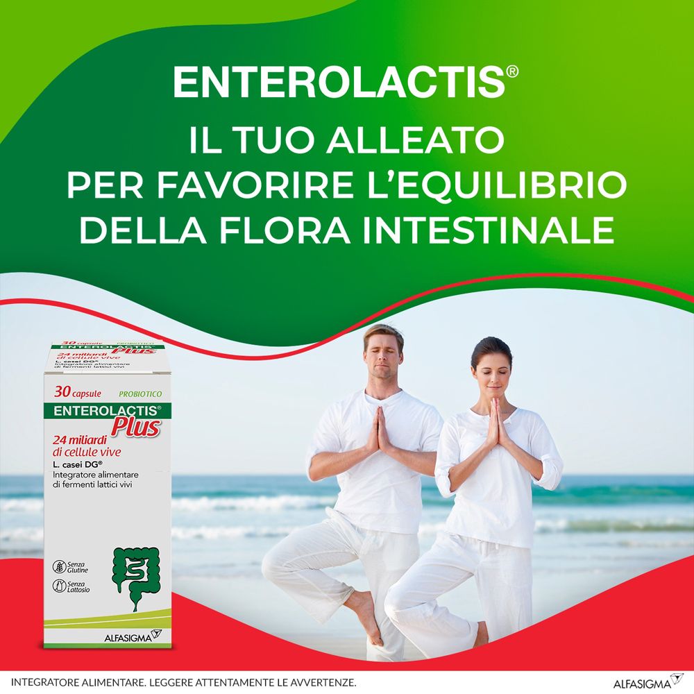 Immagine pubblicitaria con confezione del prodotto. Testo: Enterolactis Plus, 30 capsule, 24 miliardi di cellule vive. Persone in posa yoga.