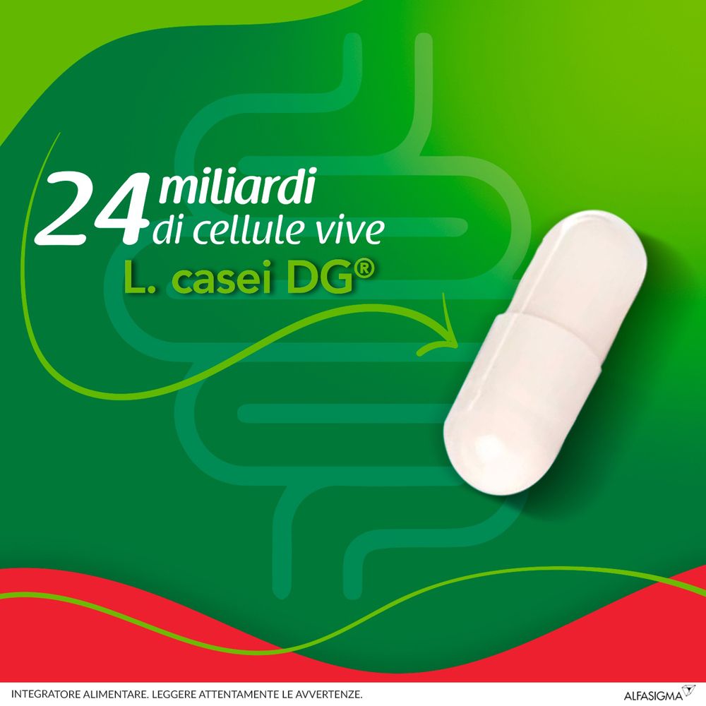 Capsula bianca su sfondo verde. Testo: 24 miliardi di cellule vive, L. casei DG.