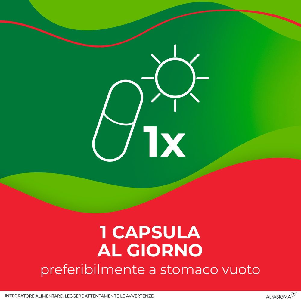 Grafica con capsula e sole. Testo: 1x, 1 capsula al giorno, preferibilmente a stomaco vuoto.