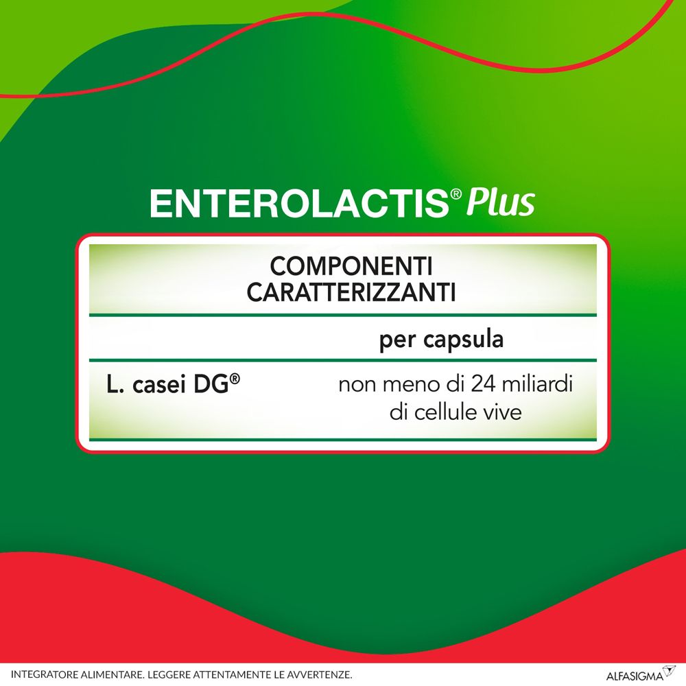 Testo: Enterolactis Plus. Tabella: componenti, L. casei DG, non meno di 24 miliardi di cellule vive.
