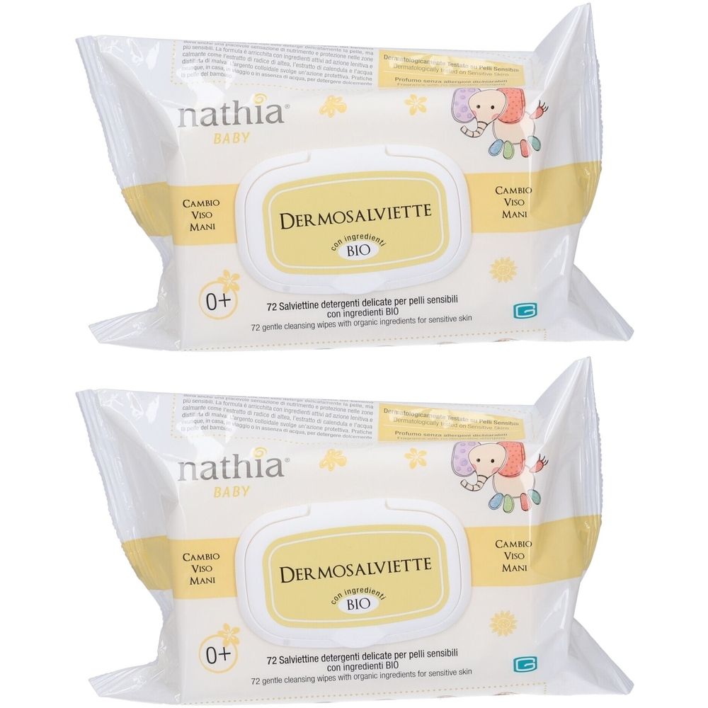 Due confezioni di salviettine per bambini. Scritta: Nathia Baby, Dermosalviette, 0+. Con certificazione bio.