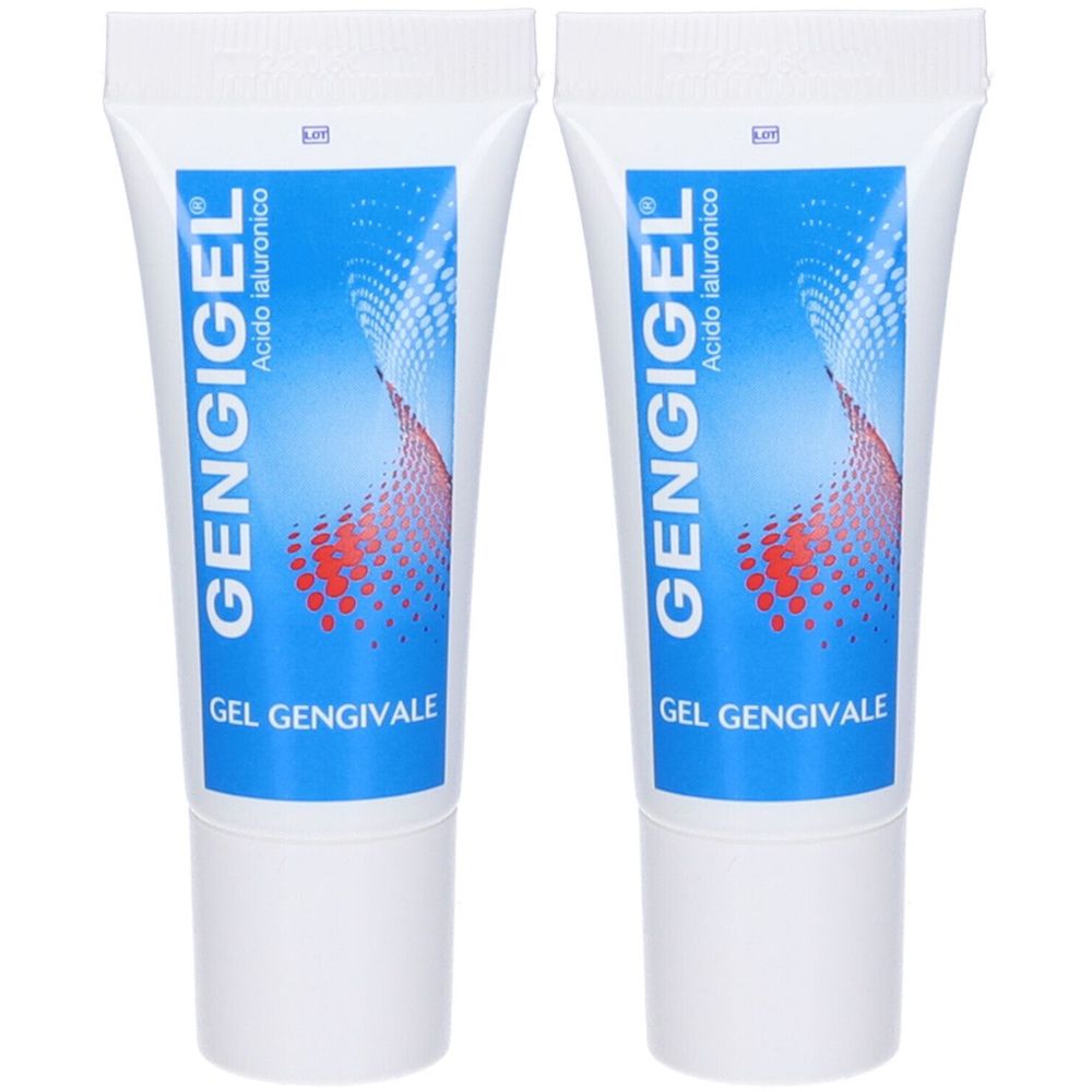 Due tubi di gel Gengigel. Tubi bianchi con etichetta blu e grafica rossa. Scritta Gengigel, Gel gengivale.