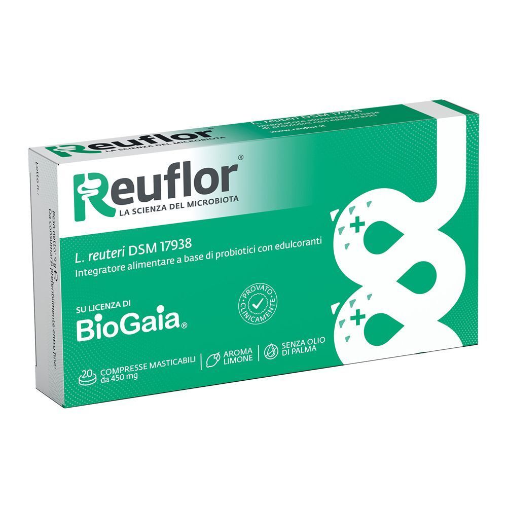 Confezione di Reuflor compresse masticabili, 20 pezzi, gusto limone, senza olio di palma, testato clinicamente.