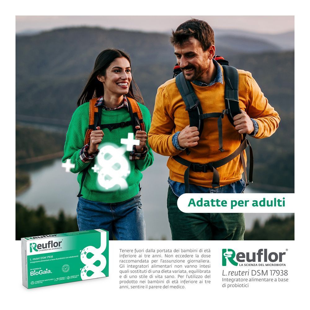 Confezione di Reuflor compresse masticabili e una coppia di escursionisti all'aperto. Per adulti.