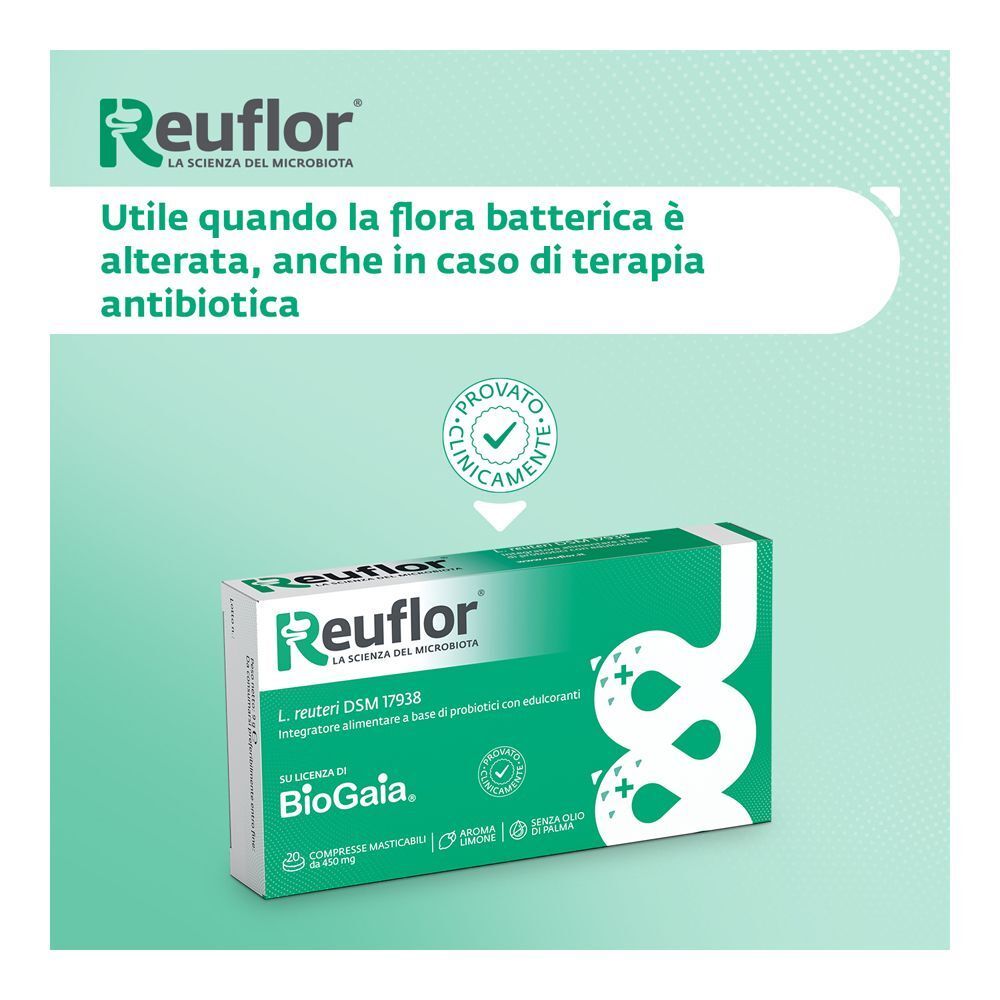 Confezione di Reuflor compresse masticabili. Utile quando la flora batterica è alterata, anche in caso di terapia antibiotica.