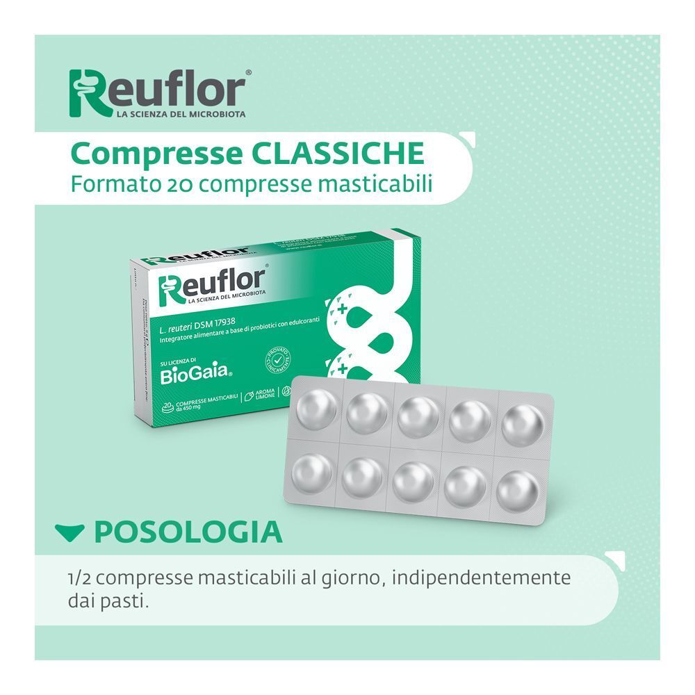 Reuflor compresse classiche masticabili, 20 pezzi. Posologia: 1/2 compressa al giorno.