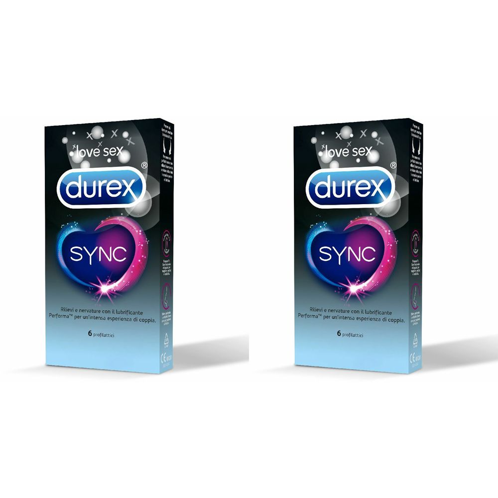 Due confezioni di profilattici Durex Sync. Ogni confezione mostra il logo Durex e la scritta "SYNC" su sfondo blu e rosa.