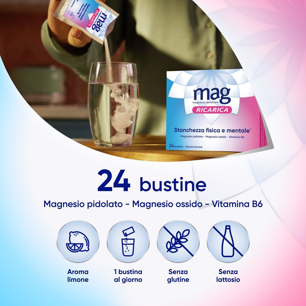 Preparazione di Mag Refill: sciogliere la polvere del sacchetto in acqua. 24 bustine.