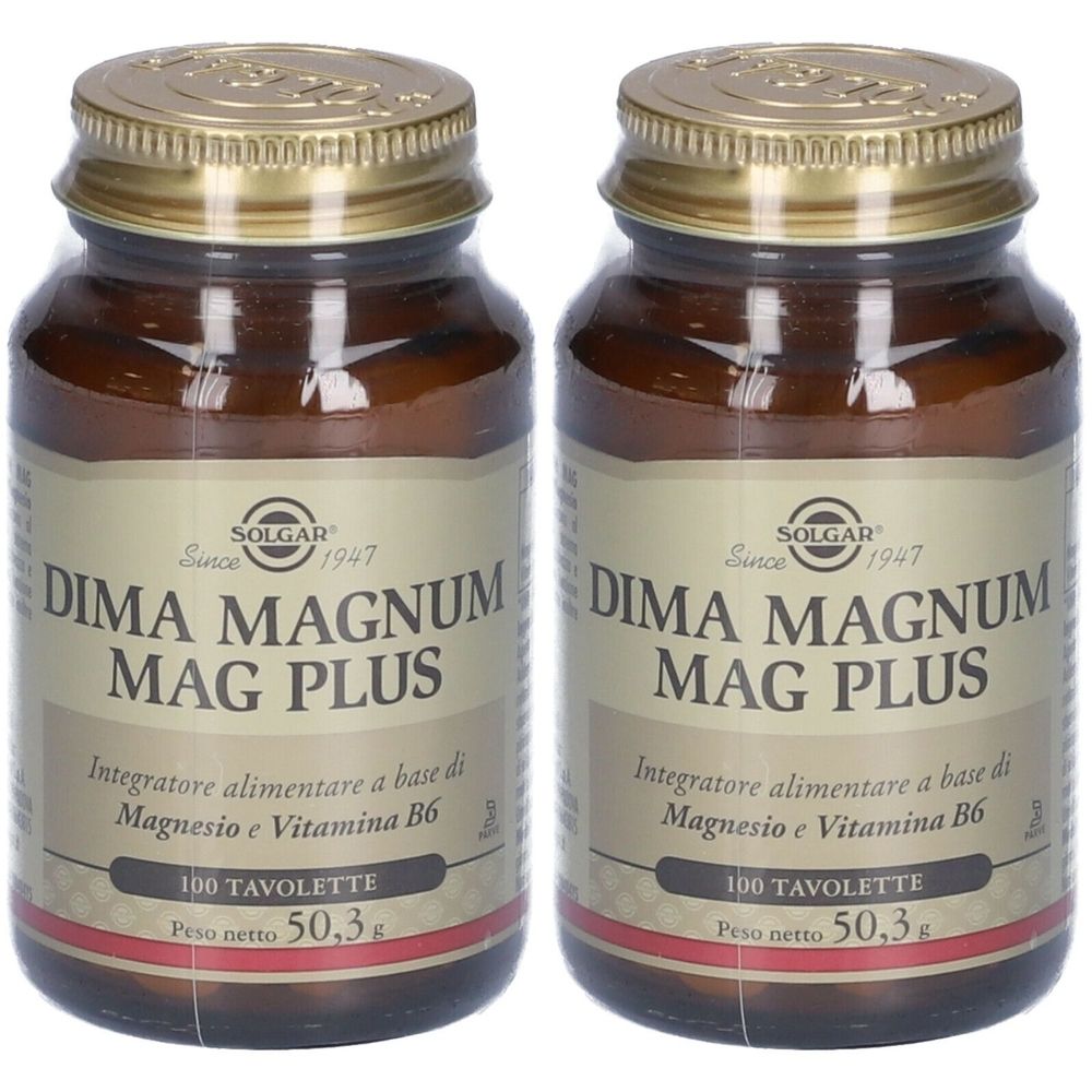 Due bottiglie di vetro marrone con tappi dorati. Scritta: Dima Magnum Mag Plus, 100 compresse, 50,3 g. Marchio: SOLGAR.