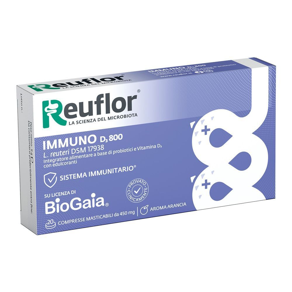 Una confezione di Reuflor D3 800 immunostimolante con L. reuteri DSM 17938 e Vitamina D.