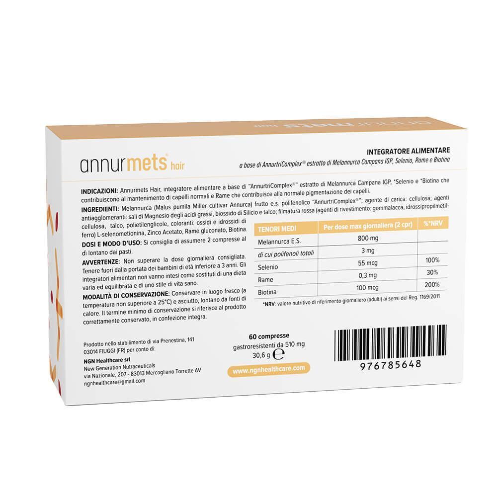Confezione integratore alimentare Annurmets Hair con indicazioni su ingredienti e dosaggio.