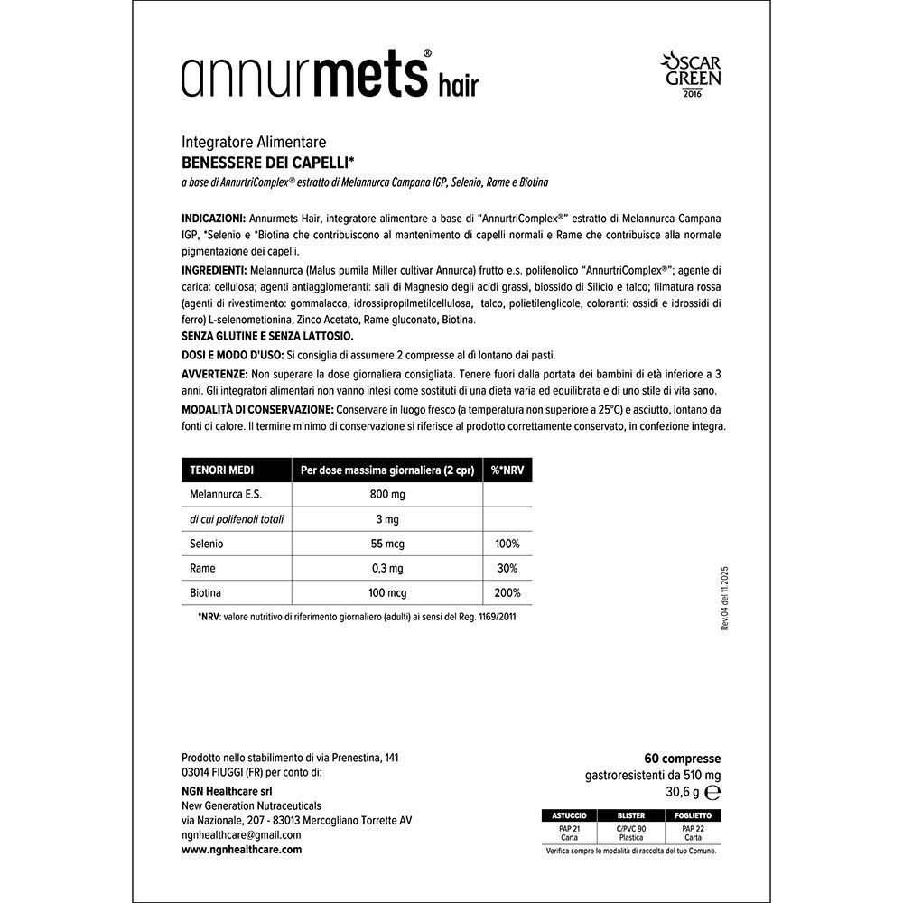 Foglio informativo per un integratore alimentare per la salute dei capelli con valori nutrizionali e ingredienti.