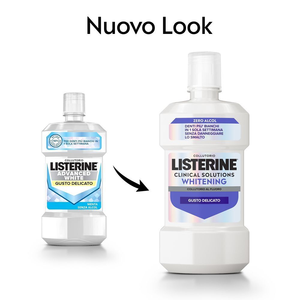 Confronto: vecchio e nuovo packaging collutorio Listerine Whitening, 500ml.