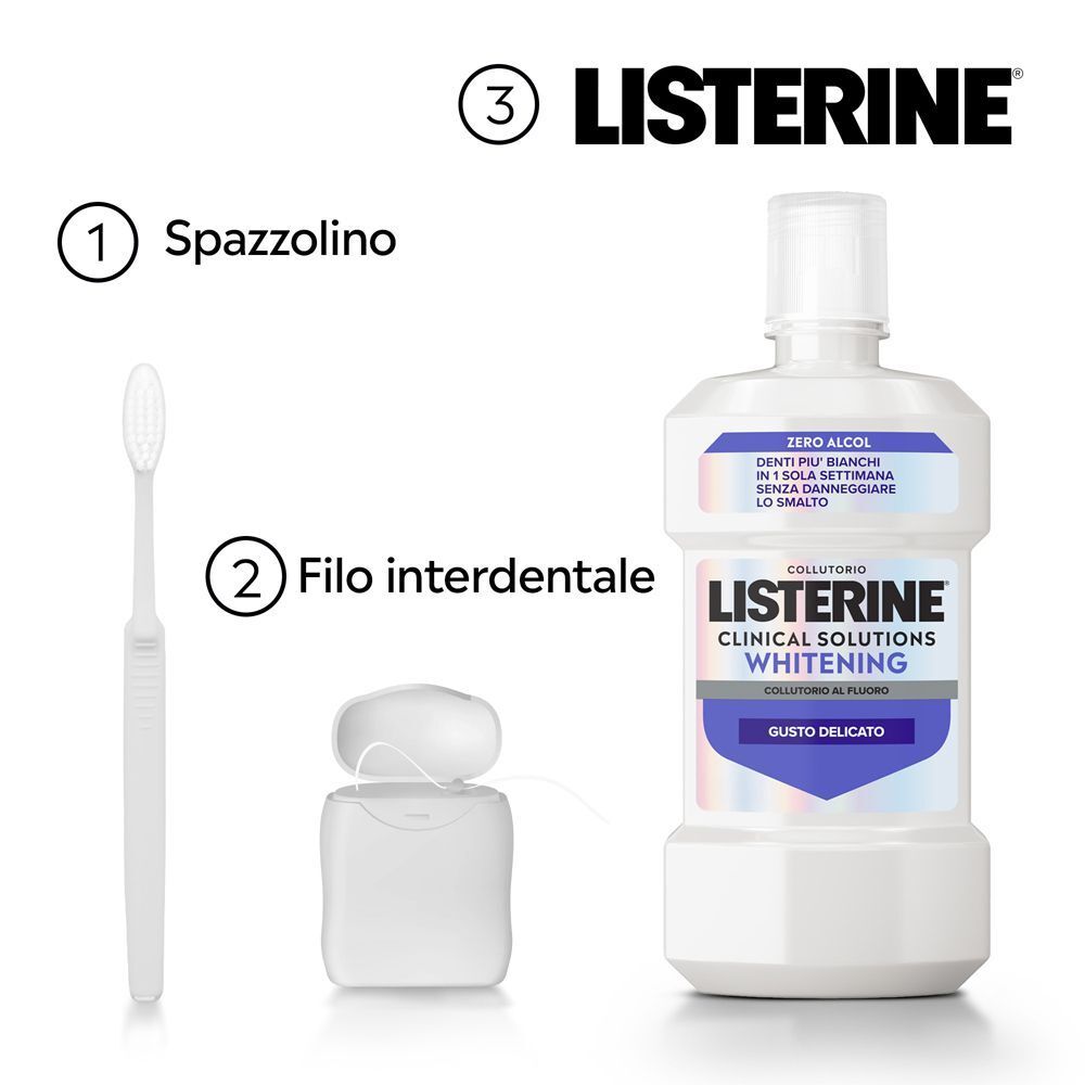 Collutorio Listerine Whitening, spazzolino e filo interdentale per igiene orale.