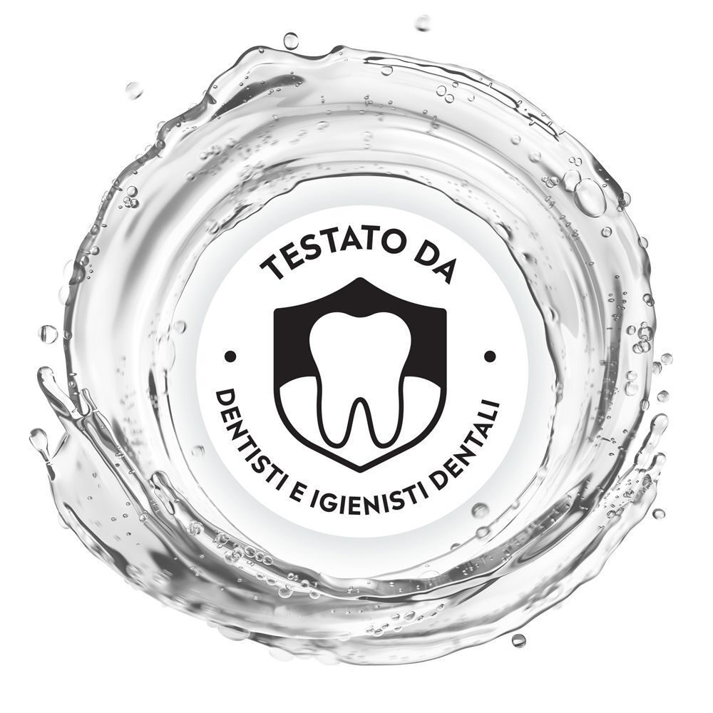 Simbolo dente in scudo: collutorio testato da dentisti.