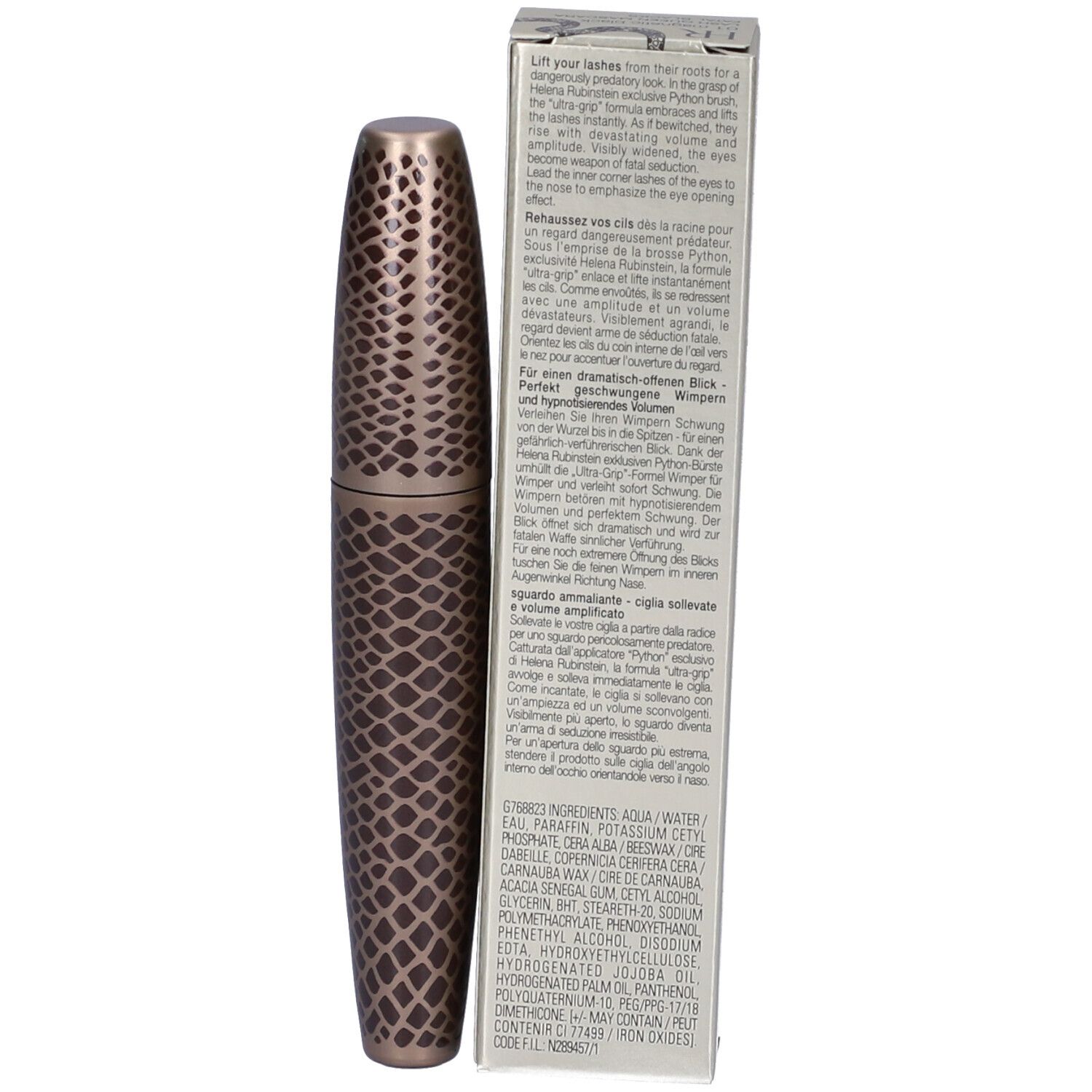Tubo e scatola di mascara. Testo in più lingue. HR Helena Rubinstein. Lash Queen Mascara Fatal Blacks. Ingredienti.
