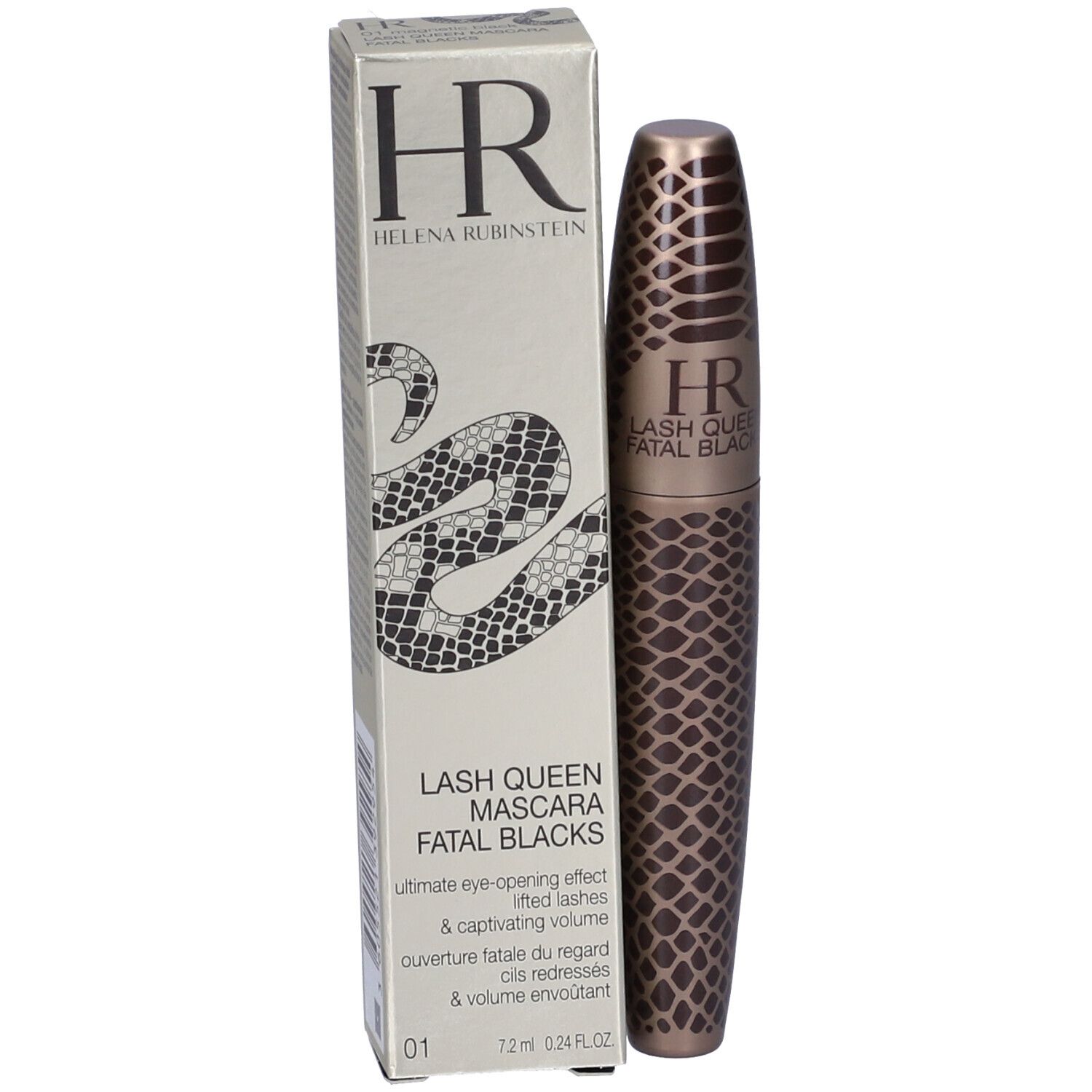 Tubo e scatola di mascara. Sulla scatola, HR Helena Rubinstein, Lash Queen Mascara Fatal Blacks. Design a serpente.