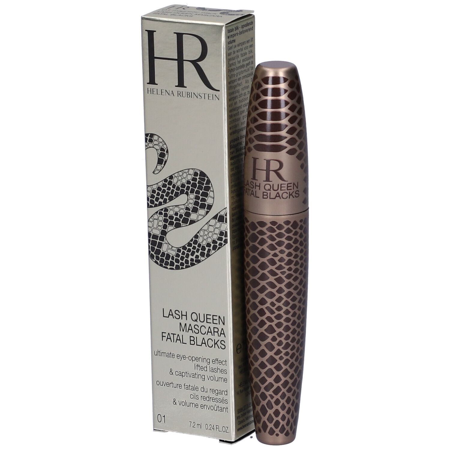 Tubo e scatola di mascara. Sulla scatola, HR Helena Rubinstein, Lash Queen Mascara Fatal Blacks. Design a serpente.