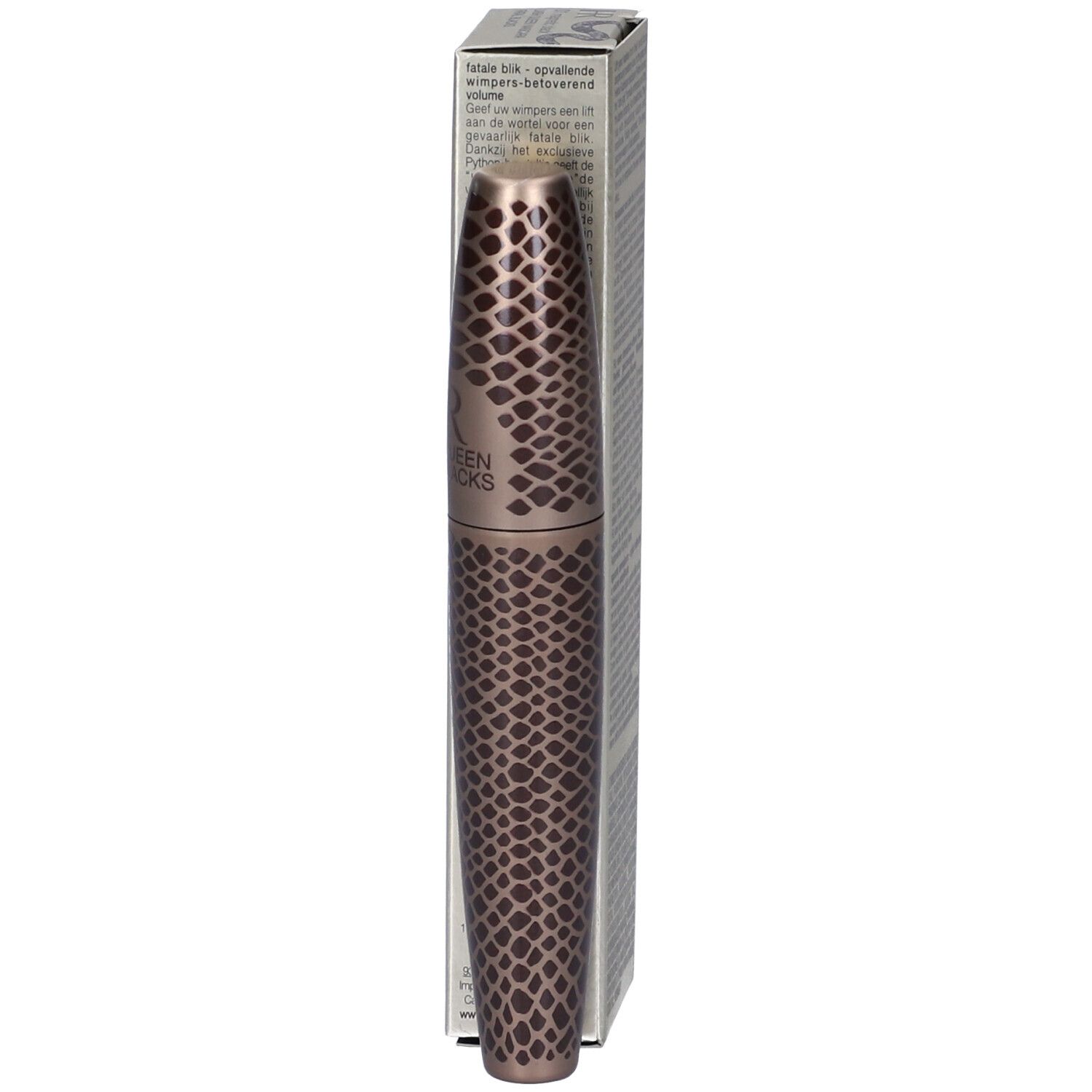Tubo e scatola di mascara. Sul tubo, Lash Queen Fatal Blacks. Design a serpente. HR Helena Rubinstein.