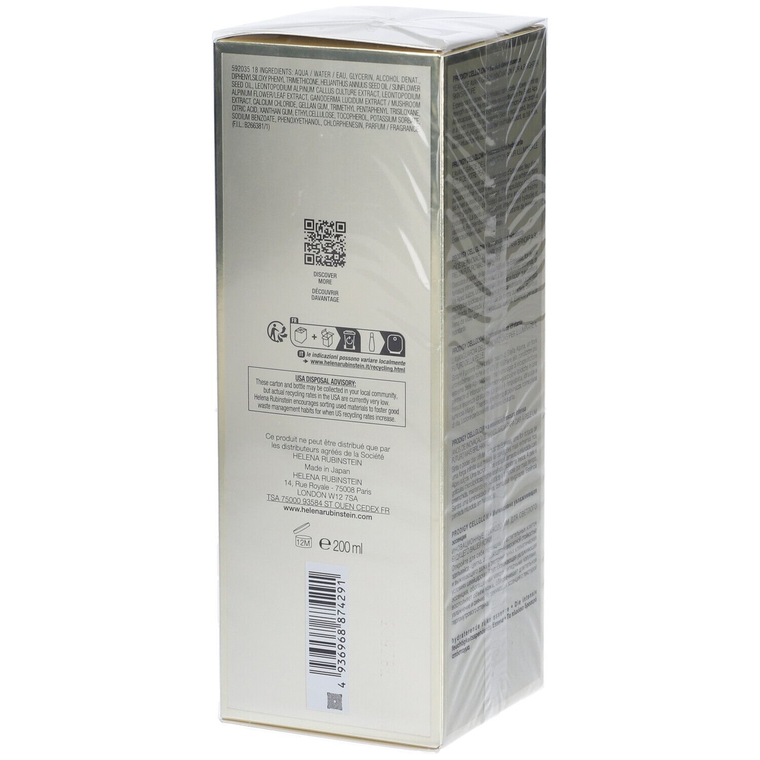 Retro della confezione Prodigy Cellglow Essenza Ricca Idratante. Ingredienti, codice QR e avvertenze.