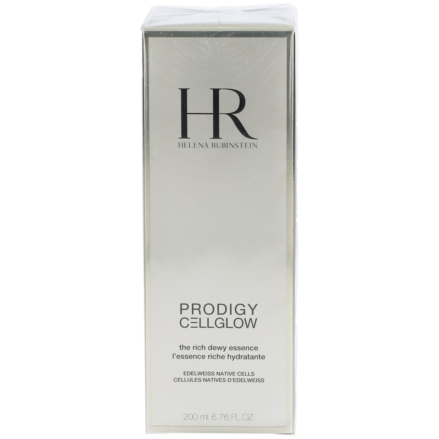 Confezione Prodigy Cellglow Essenza Ricca Idratante. Scatola dorata con nome e logo del prodotto. 200 ml.