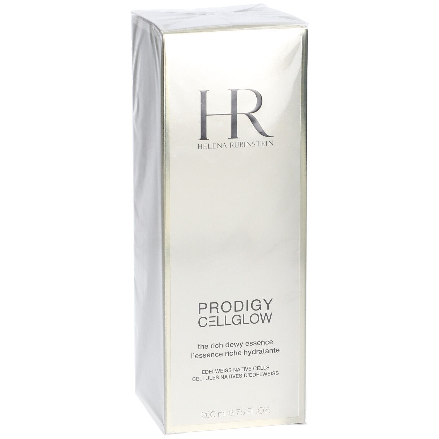 Confezione Prodigy Cellglow Essenza Ricca Idratante. Scatola dorata, leggermente angolata. Nome e logo del prodotto.