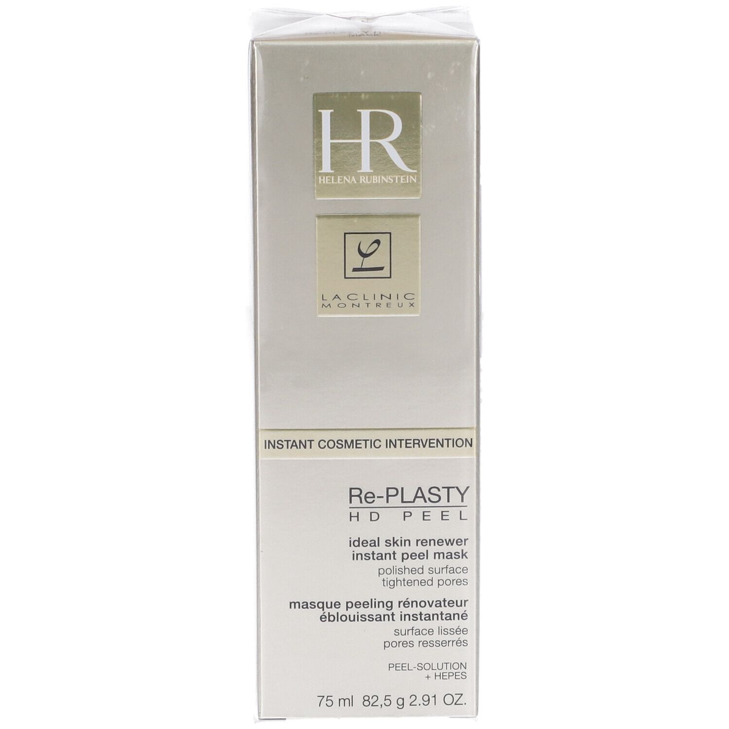 Scatola prodotto. Scritto: Re-PLASTY HD PEEL, ideal skin renewer instant peel mask. Marchio Helena Rubinstein.