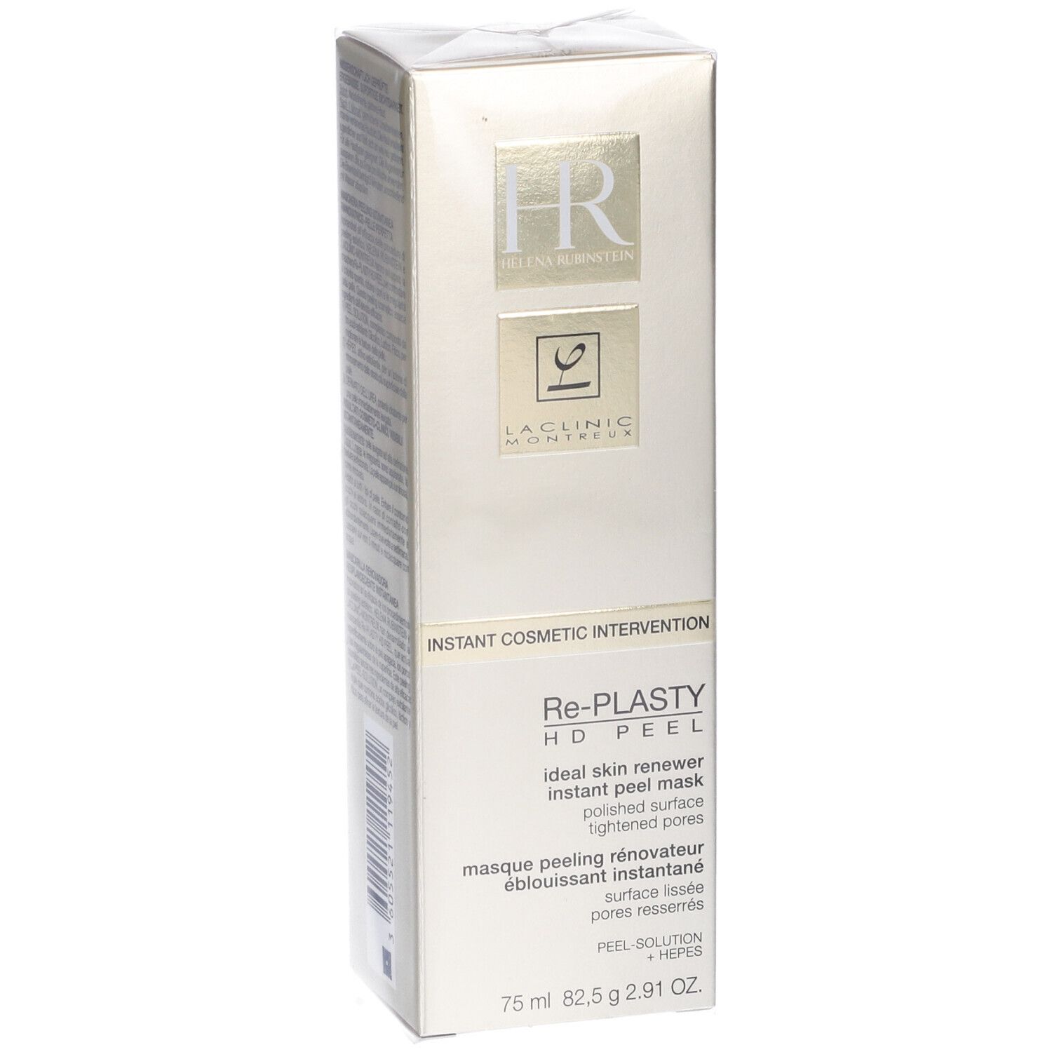 Scatola prodotto. Scritto: Re-PLASTY HD PEEL, ideal skin renewer instant peel mask. Marchio Helena Rubinstein.