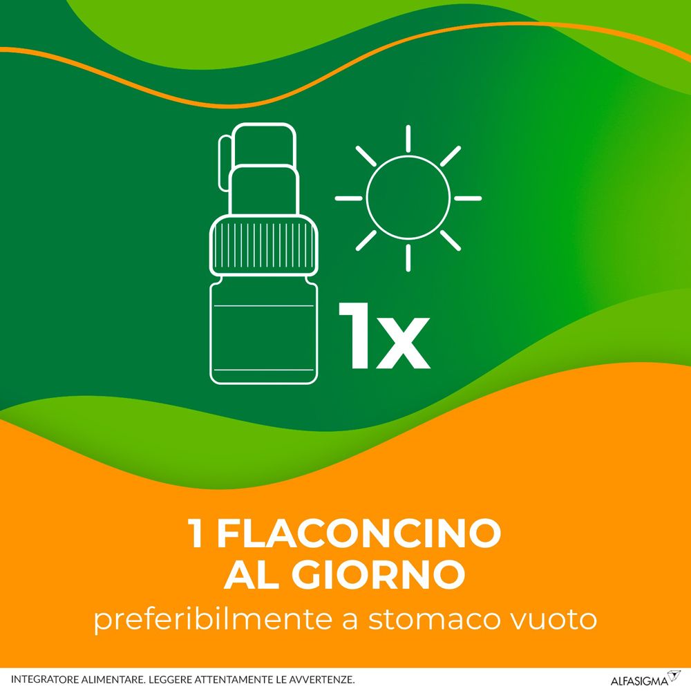 Grafica: Un flaconcino di Enterolactis. Testo: 1 flaconcino al giorno, preferibilmente a stomaco vuoto.