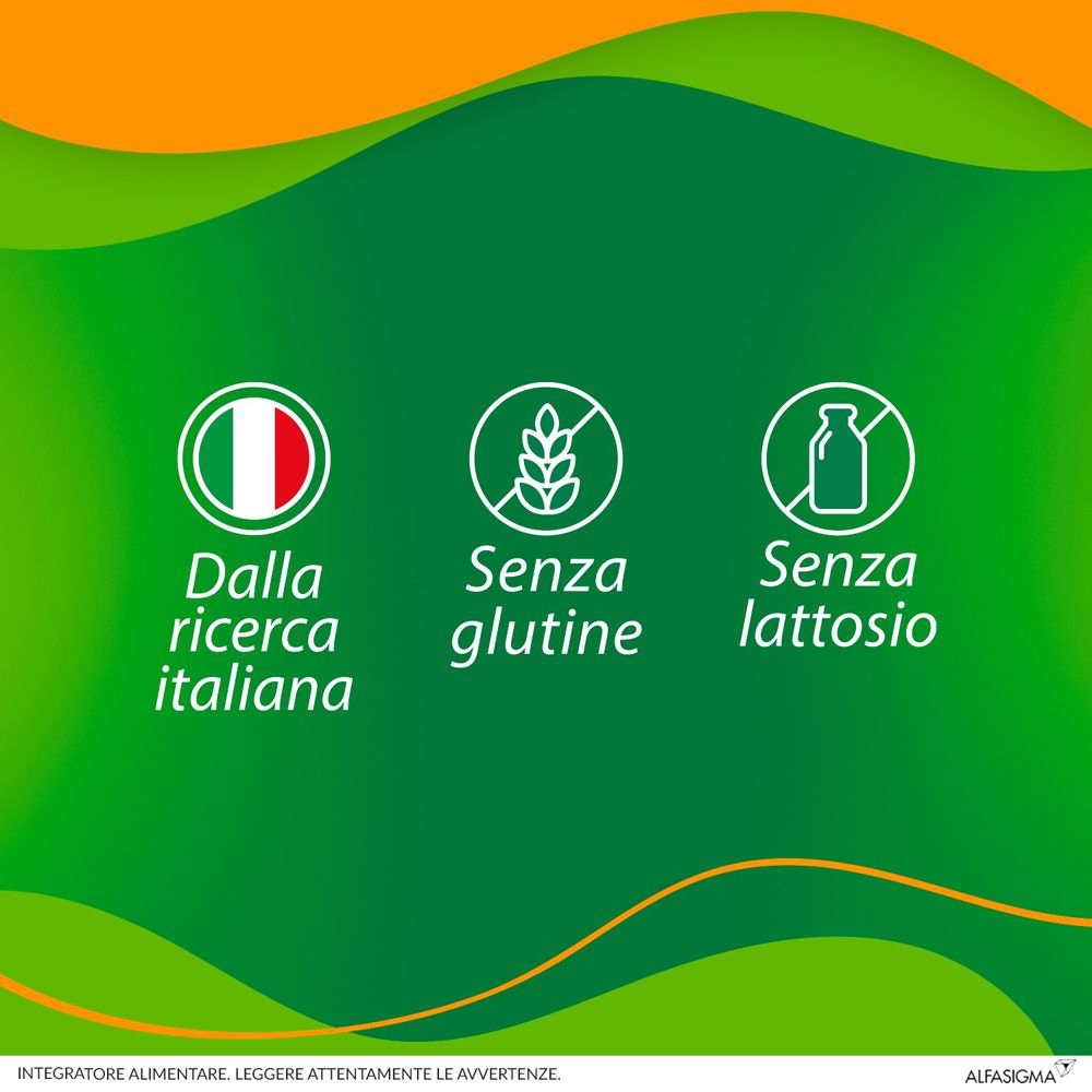 Grafica con simboli: Dalla ricerca italiana, senza glutine, senza lattosio.
