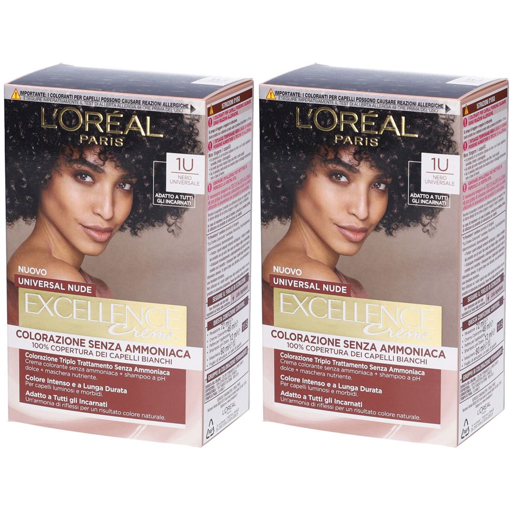 L’Oréal Paris Colorazione Permanente Excellence Universal Nude, Senza Ammoniaca, Colore Intenso a Lunga Tenuta, Excellence, Nude Nero 1u Set da 2