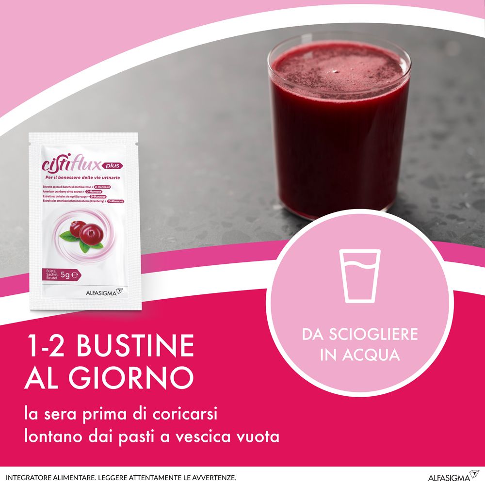 Bustina di prodotto e bicchiere con bevanda rossa. Testo in italiano. Istruzione: da sciogliere in acqua.