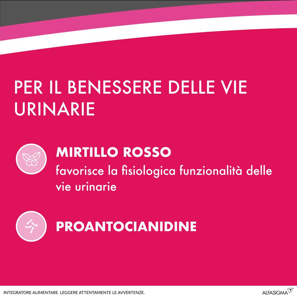 Sfondo rosa con testo in italiano. Informazioni sugli ingredienti: mirtillo rosso e proantocianidine.